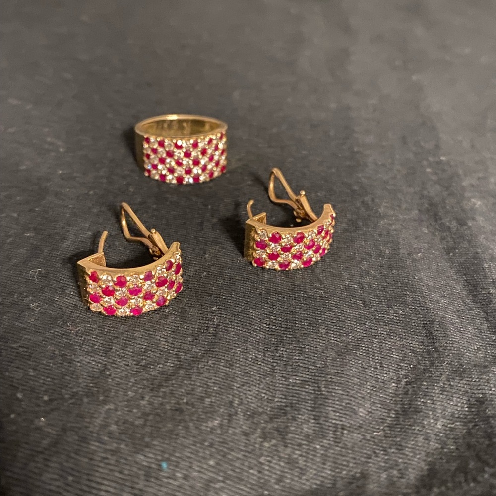14K gold earrings and ring set with diamonds and ruby’s